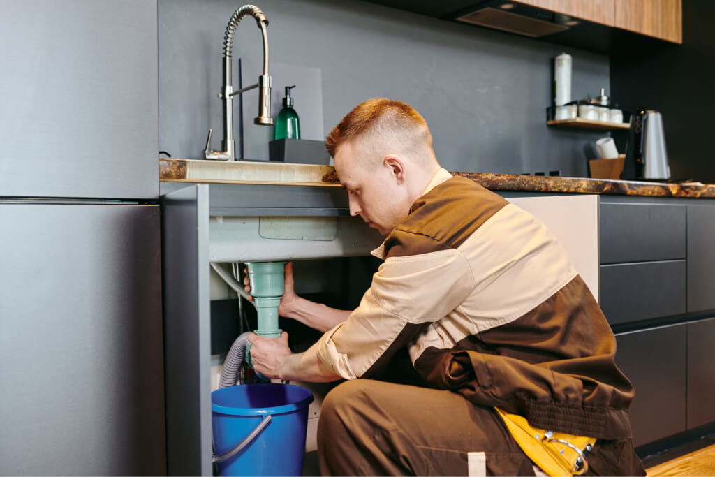 A man in the uniform performing gutter services.